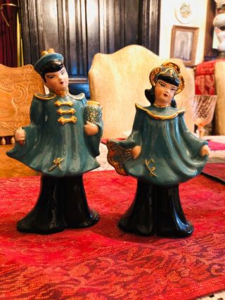 Asian Figurines Man Woman Green Black Glazed Trimmed In Gold 1950’s Mid Century