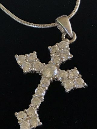 Vintage Sterling Silver Signed Crystal Cross Pendant & Chain Link Necklace 16”