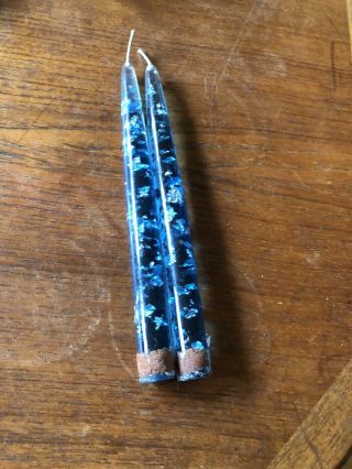 Set Of 2 Two Vintage Mid Century Modern Blue Lucite Silver Foil Taper Candles