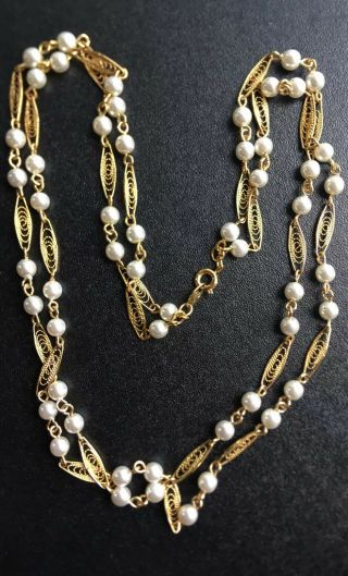 Vintage Trifari Gold Tone Filigree Leaf & Faux Pearl Double Strand Necklace