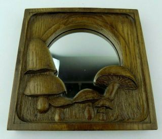 Vintage 70s Mushroom Wall Mirror Hand Carved Wood Signed W Abell Jr 3d Plaque