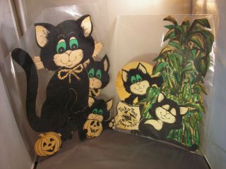 2 Vintage Halloween Cardboard W/ Black Felt Cut Out Wall Decoration Black Cats