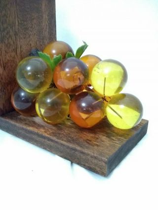 Vintage Lucite Glass Acrylic Grape Cluster Driftwood Gold Yellow Wooden Bookend