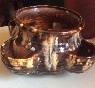 Vintage Ceramic Brown Drip Glazed Pottery Strawberry Pot / Planter Herb Vintage