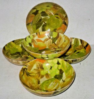 Vtg 1960s Retro Mid - Century Modern Fiberglass Salad Bowls (5) 6.  5 " Fruit Pattern