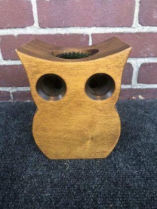 Mid Century Modern Wood Owl Votive Candle Holder With Glow Eyes Approx 6” Tall