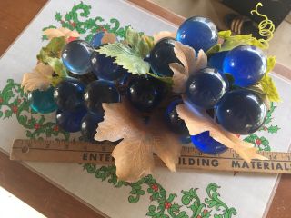 Vintage Mid Century Blue Lucite Acrylic Grapes Cluster On Wood W Leaves