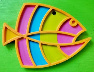 Vintage Mid Century 60s 70s Colorful Funky Fish Wall Hanging Plaque Trivet Art