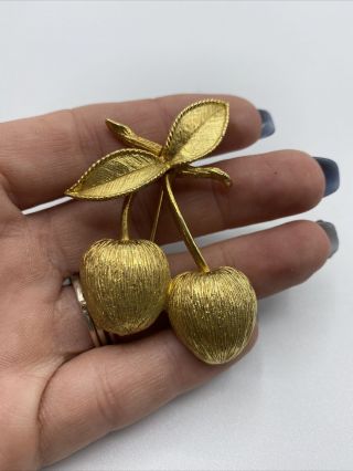 Vintage Sarah Coventry Cherry Cherries Brooch Brushed Gold Tone Signed
