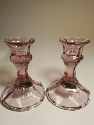 Pink Depression Glass Hexagon Base Candle Holders