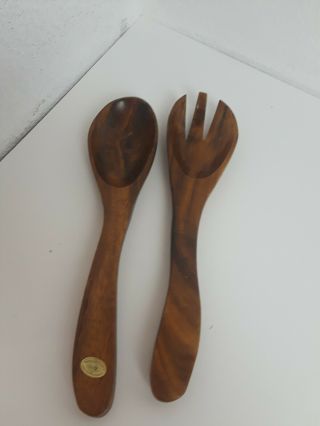 Vintage Mid - Century Hand - Carved Monkey Pod Wood Salad Serving Spoon And Fork