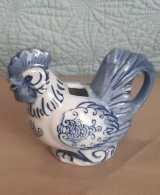 Rooster Chicken Vtg Blue White Individual Milk Creamer Porcelain Made In China