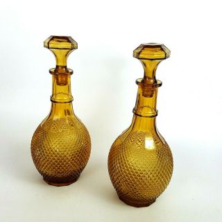 Amber Glass Decanter Pair Genie Bottle Mid Century Modern Vintage Diamond Mcm