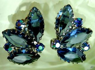 Hi End Vintage Sapphire Montana Blue Glass Navette Ab Rhinestone Clip Earrings