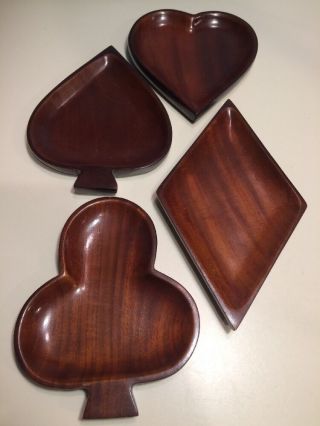 4 Vintage Solid Mahogany Wood Candy Dishes - Heart Diamond Club Spade Card Suits