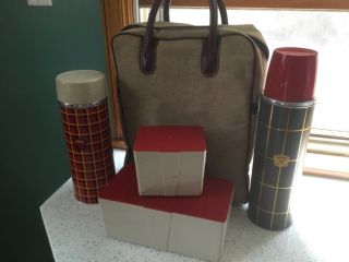 Vintage 1970s Aladdin Red Plaid Picnic Set 2 Thermos Carry Tote Camp