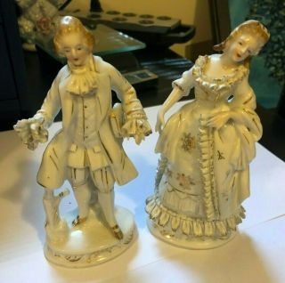 Vintage Man And Woman 5.  1/2 Inches Tall White With Gold Trim