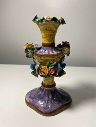 Vintage Italian Candle Holder W Ceramic Purple & Yellow Flowers Made In Italy