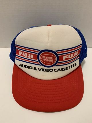 Vintage Detroit Pistons Fuji Film Trucker Hat Cap Snap Back Mesh Red White Blue