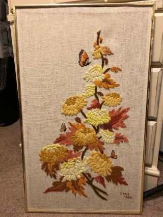 Vintage Handmade Framed Flower Yarn Crewel Wall Art Framed 30 1/2 X 18