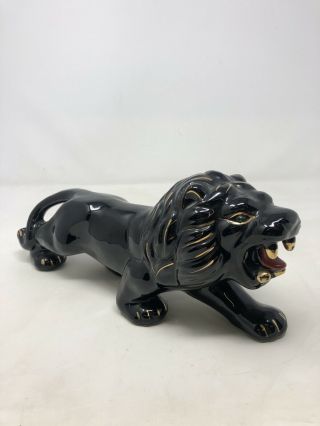 Vintage Black Lion Big Cat Ceramic Figurine Statue Mid Century Roaring Lion
