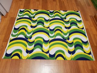 Awesome Rare Vintage Mid Century Retro 70s Bright Yel Blue Wave " Cheers " Fabric