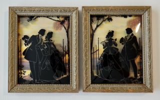1940’s Pair Small Convex Reverse Painted Glass Silhouette Carved Wood Frames Vgc