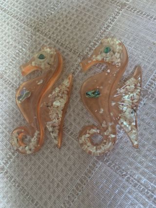 Vintage Lucite Acrylic Wall Plaques Seahorse Abalone Shell Mid Century Set Of 2