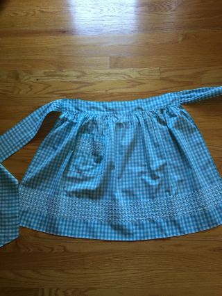 Vintage Half Apron Blue White Checker Cotton W/ Pocket Embroidered
