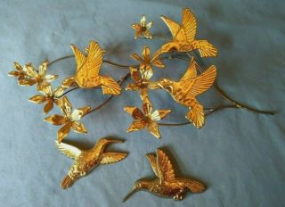 Metal Wall Art Sculpture Gold Humming Birds Flowers Mid Century 1970s