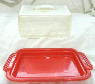 Vintage Lustro Ware Butter Cheese Dish Red & Clear Plastic Mid Century Modern