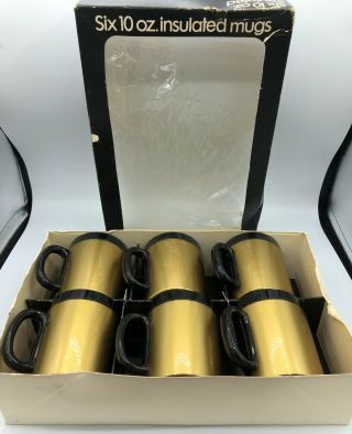 Thermo - Serv Insulated Black And Gold Coffee Cups Mugs Set Of 6 Vintage West Bend