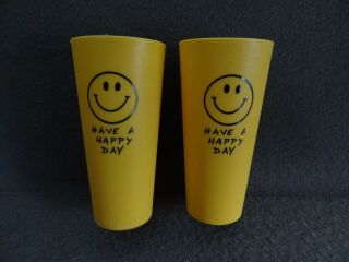 (2) Vtg Have A Happy Day Smiley Face Plastic Drinking Cups Glasses Yellow 70 