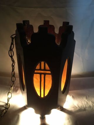 Vintage Swag Lamp Stained Glass Wood Hanging Lamp Hand Made Cross In Glass 2