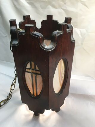 Vintage Swag Lamp Stained Glass Wood Hanging Lamp Hand Made Cross In Glass 3