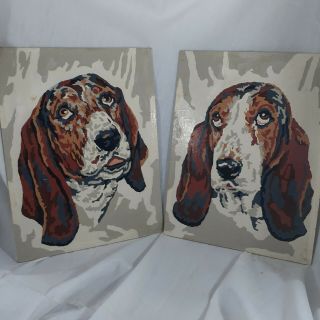 Vintage Paint By Number Bassett Hound Pair Mid Century Completed No Frame