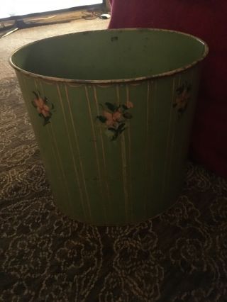 Vtg Mid Century Metal Shabby Chic Tole Floral Trash Can Waste Basket Flowers