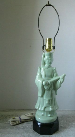 Old Vintage Mcm Mid Century Jade Green Art Pottery Electric Lamp Asian Man