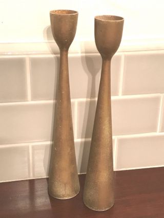 Danish Style Mid Century Antique Gold Painted Wood Pair Candle Sticks