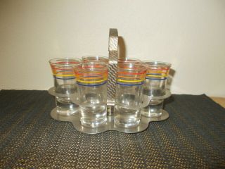 Set Of 6 Shot Glasses In Caddy Mid Century Modern 4 Color Ring Design Flared Top
