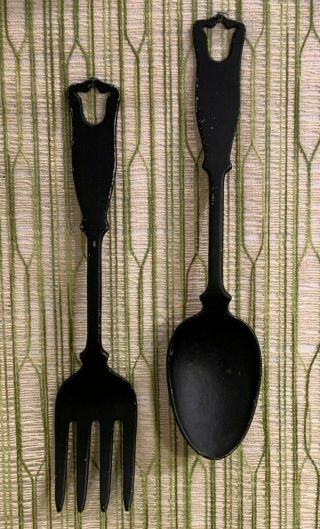Vintage Large Black Cast Aluminum Fork & Spoon Wall Art Kitchen Decor By Emig