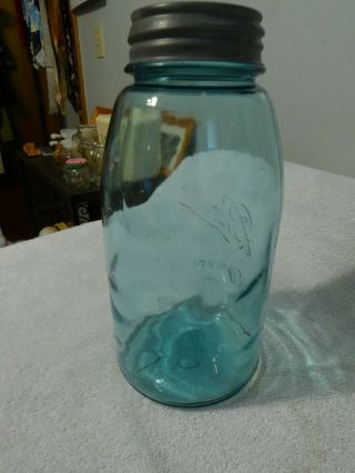 Vintage Blue Ball Perfect Mason 2 Quart Jar W/ Zinc Lid Manufactured 1910 - 1923