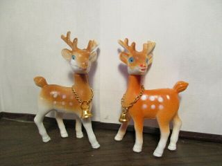 2 Vintage Plastic Blow Mold Reindeer With Bell - Christmas Decoration