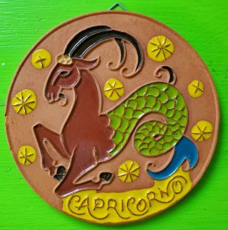 Vintage Mid Century 60s 70s Colorful Ceramic Zodiac Capricorn Wall Hanging Italy