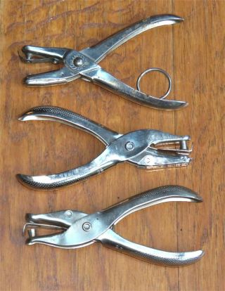 3 Metal Single Hole Punch Hand Tools 1/4 " & 1/8 " - Vintage Desktop Collectibles