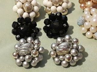 Vintage signed Japan Clip On Cluster Earrings beaded black white more 3