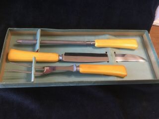 Vintage Made In Usa Stainless Steel Carving And Knife Set Yellow Bakelite