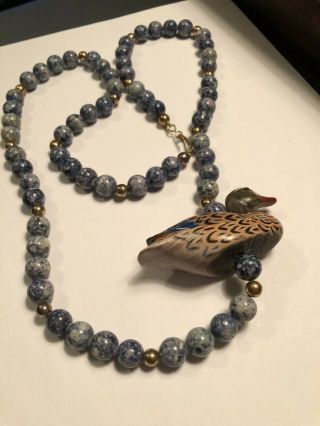 Vintage Jewelry Necklace Strand Marble Bead Wood Painted Large Duck 1