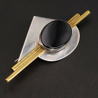 Vtg Sterling Silver & Brass Signed Ajv Onyx Modernist Abstract Brooch Pin - 8.  5g