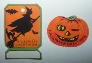 2 Vtg 40s Halloween Die Cut Gift Tags Candy Box Labels Witch Pumpkin Black Cat